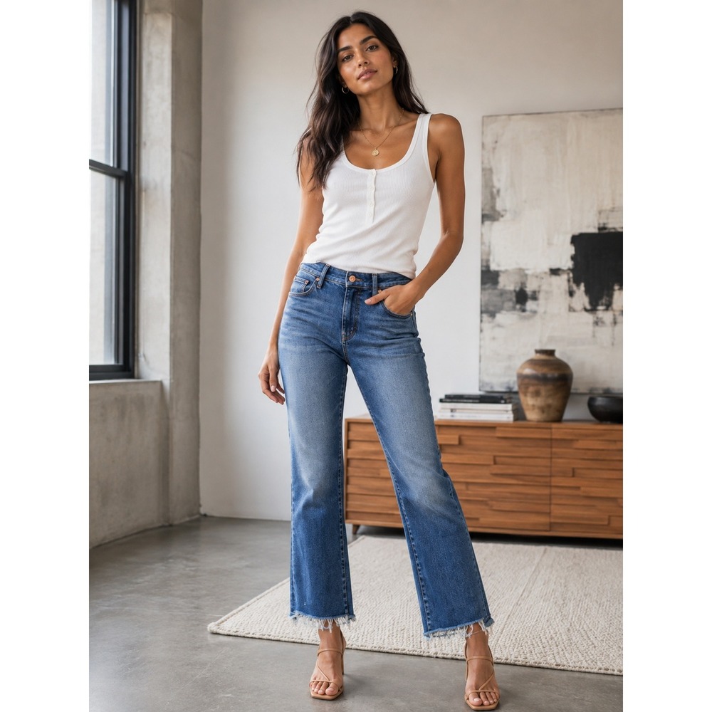 MOTHER High Rise Frayed Hem Flare Jeans Medium Wash Indigo Denim